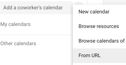 Add a URL using the Google Calendar Add Coworker menu.