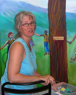 Pam Van Londen painting a mural at Uniterian-Universalist Fellowship of Corvallis. Photo © Suz Doyle 2007.