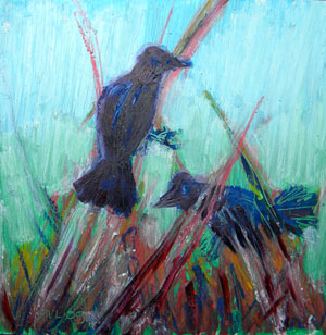 © Pam Van Londen 2009, Crows in the Rain, oil on claybord, 8x8x1 