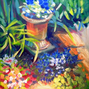 © Pam Van Londen 2009,  Flowerpot Around the Corner, oil on clayboard,  8x8x1 