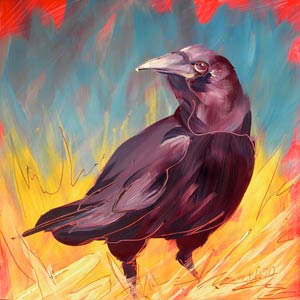 © Pam Van Londen 2010,  Crow in the Grass 2, oil on claybord,  8x8 
