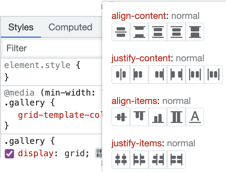 Inspect grid options in the browser's Web Dev Inspector grid popup.