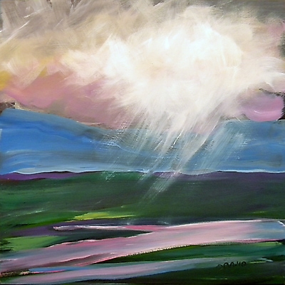 Valley Storm 1. 8x8-inch oil painting depicting a storm with valley and mountains.