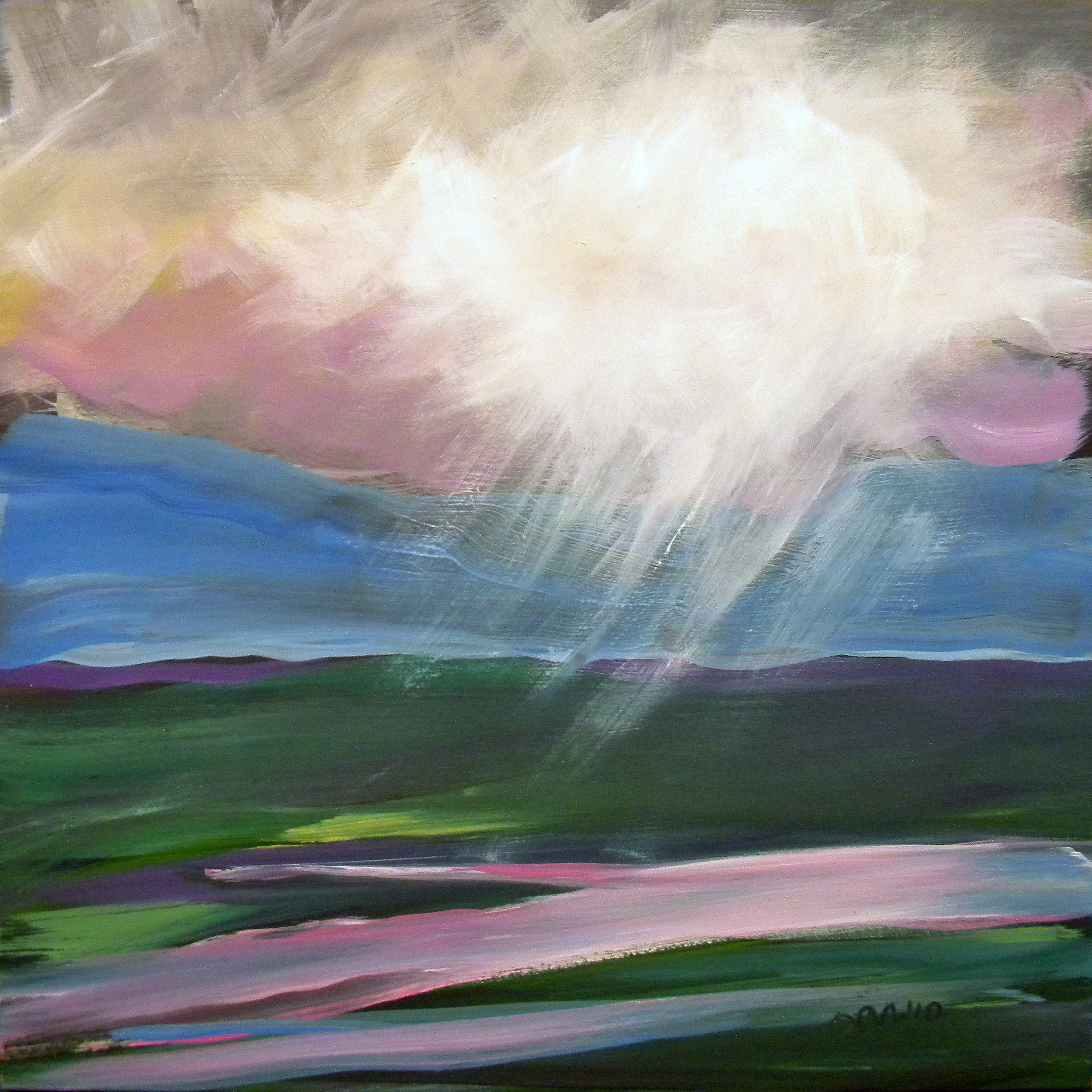 Valley Storm 1. 8x8-inch oil painting depicting a storm with valley and mountains.