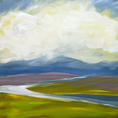 Valley Storm 2. 8x8-inch oil painting depicting a storm with valley and mountains.