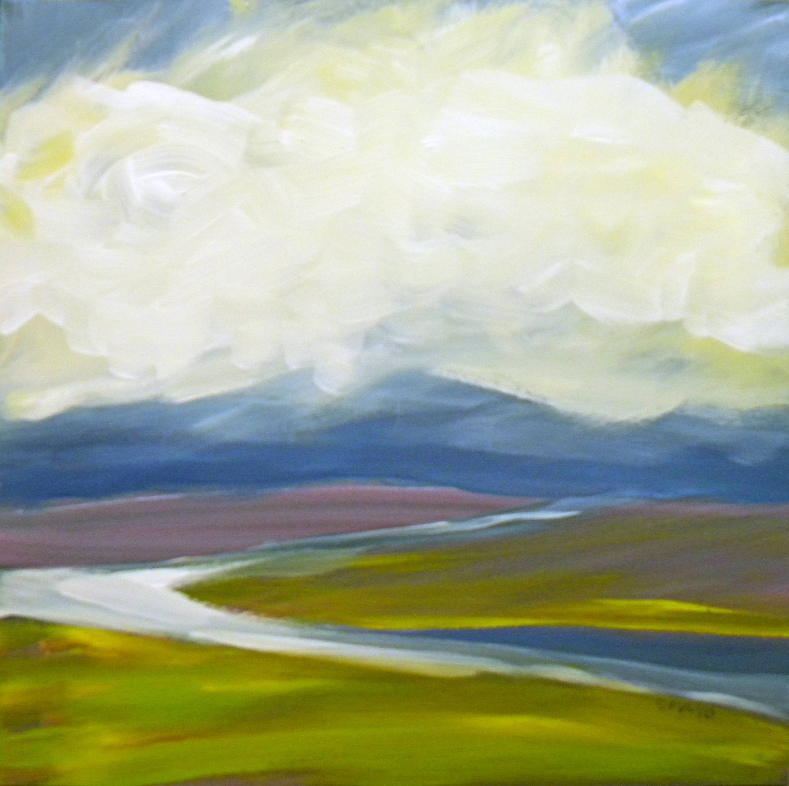 Valley Storm 2. 8x8-inch oil painting depicting a storm with valley and mountains.