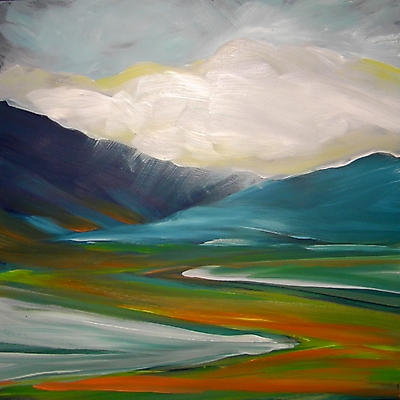 Valley Storm 3. 8x8-inch oil painting depicting a storm with valley and mountains.