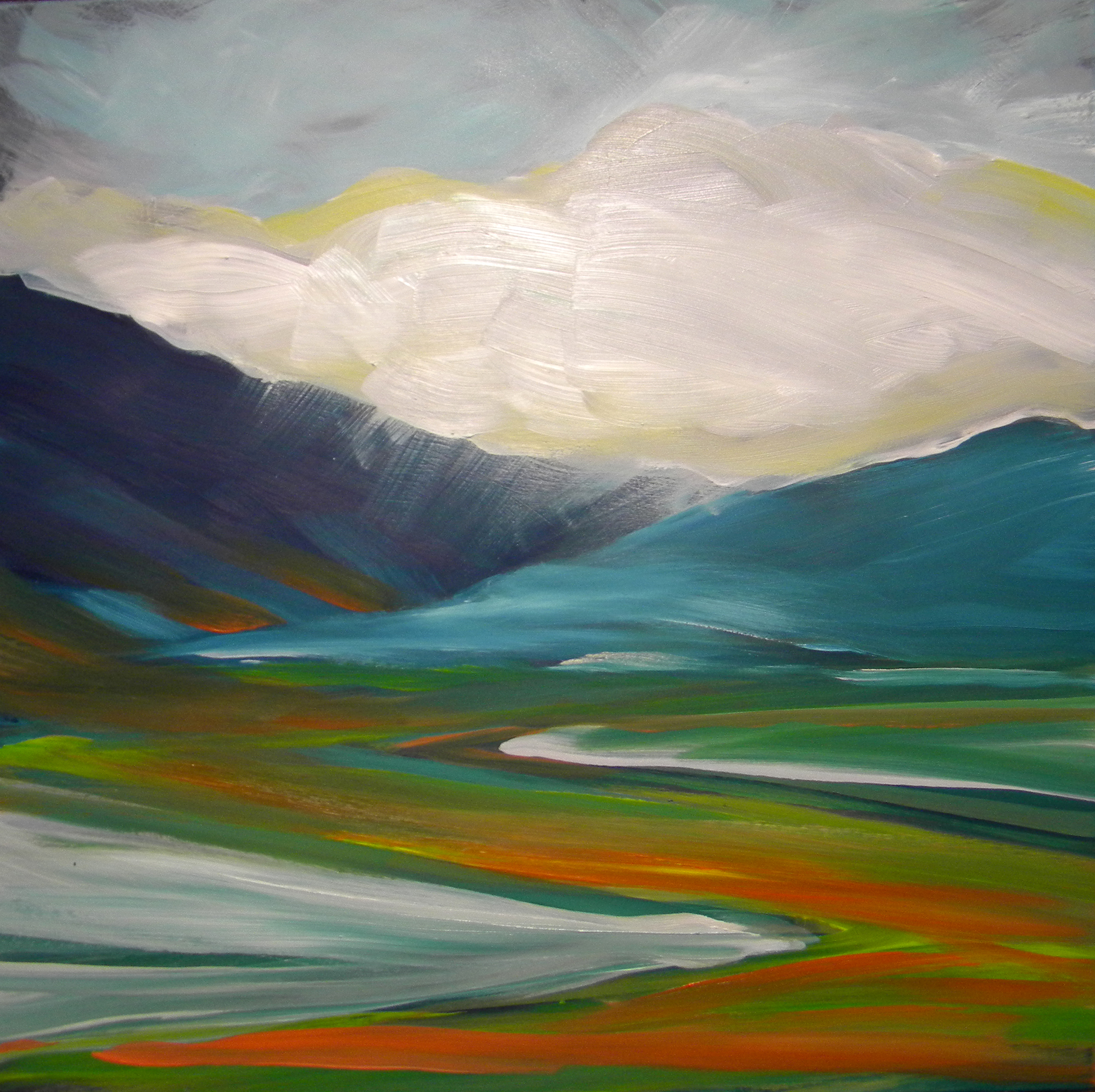 Valley Storm 3. 8x8-inch oil painting depicting a storm with valley and mountains.