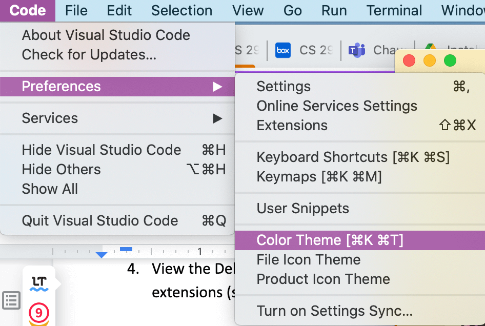 VS Code color theme menu