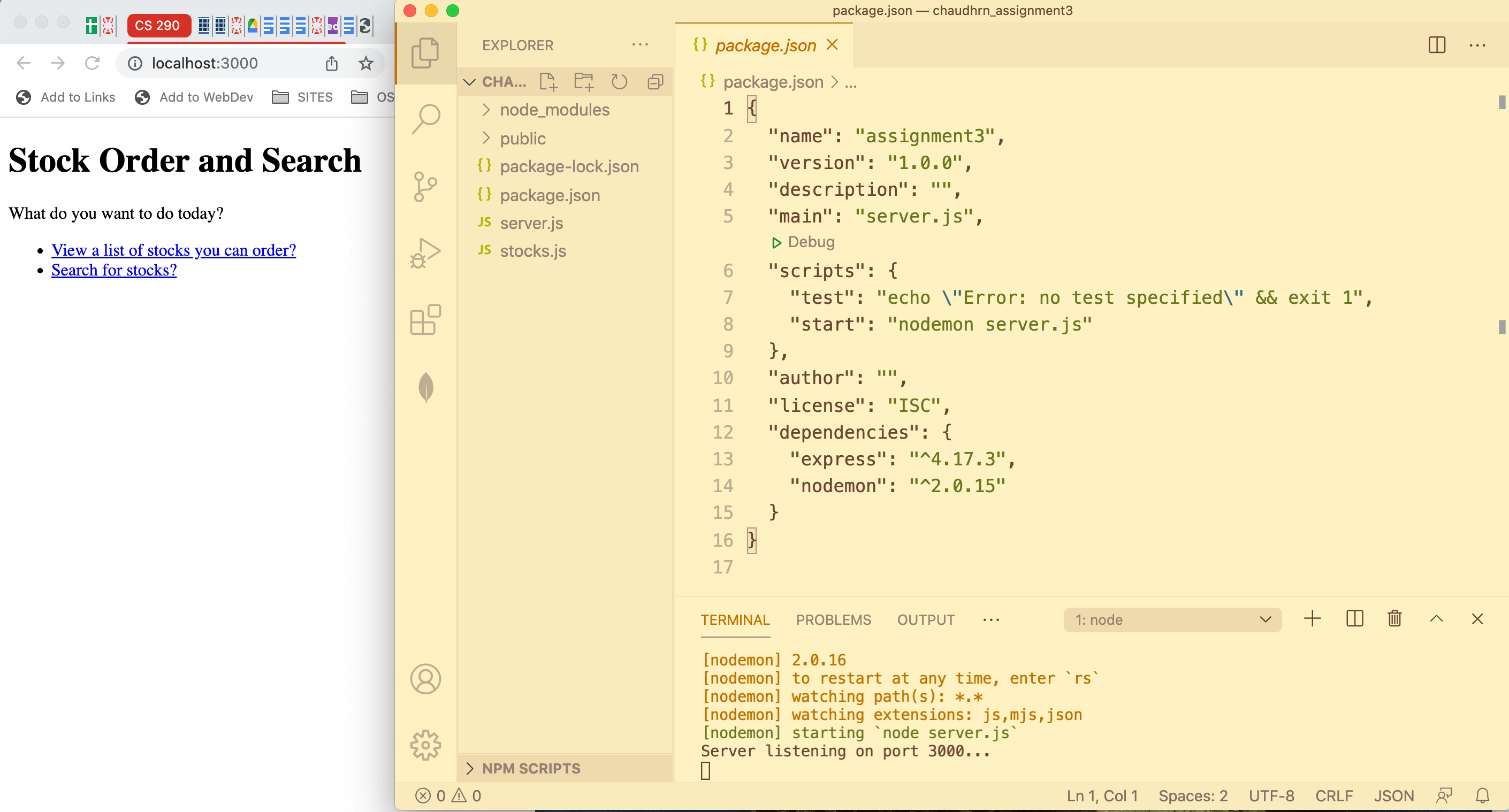 VS Code workspace the localhost in a browser overlap for easy use in Zoom meetings.