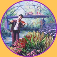 © Pam Van Londen 2007 Harvest Music Under the Bridge acrylic on round canvas on 16 x 16 x 1 canvas