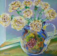 © Pam Van Londen 2009, Pitcher of Carnations, 8x8x1 on acrylic on canvasboard