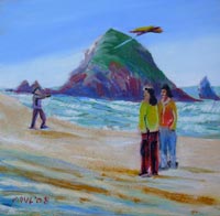 © Pam Van Londen 2008 Cannon Beach Kite Flyers 8x8x1 in oil and sand on clayboard