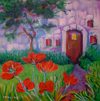 © Pam Van Londen 2007 Cottage and Poppies acrylic on canvasboard on 8 x 8 x .5 canvas