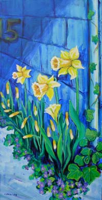 © Pam Van Londen 2007 Daffodils and Violets acrylic on canvas on 12 x 24 x 1.5 canvas