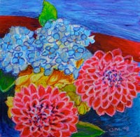 © Pam Van Londen 2008 Dahlias and Hydrangeas 1 8x8x1 in oil pastel on clayboard