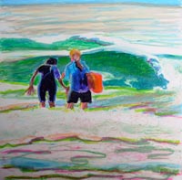 © Pam Van Londen 2008 Maya and Claire Surfing 8x8x1 in oil pastel on clayboard