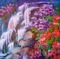 © Pam Van Londen 2007 Waterfall and Rhodies 8x8 acrylic on canvas