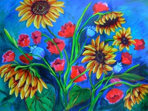 © Pam Van Londen 2009 Sunflowers and Poppies 1 40x30x1 in acrylic on gallery-edged canvas