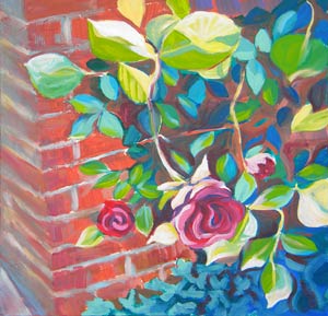 © Pam Van Londen 2009, Roses Climbing Brick, 8x8x1 on oil on claybord 