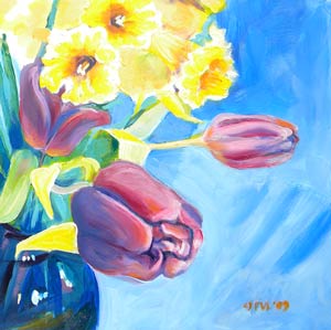 © Pam Van Londen 2009 Tulips and Daffodils1 8x8 on oil on claybord