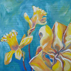 © Pam Van Londen 2009, Daffodils and Ribbon, 8x8x1 on oil on claybord