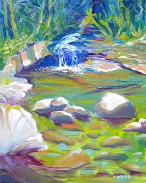 © Pam Van Londen 2009, Quartzville waterfall, oil on gallery-wrapped canvas, 16x20x.5 