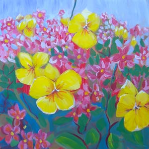 © Pam Van Londen 2009, Yello and Pink Violets, oil on claybord, 8x8x1 