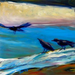© Pam Van Londen 2009, Crows on the Beach 1, oil on gessobord, 8x8x1 