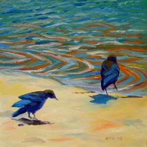 © Pam Van Londen 2009, Crows on the Beach 3, oil on gessobord, 8x8x1 