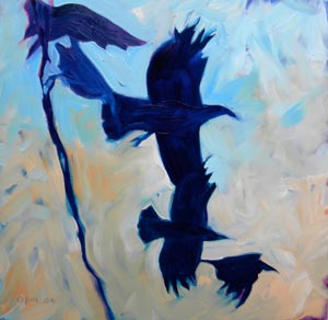 © Pam Van Londen 2009, Crows leaving 1, oil on gessobord, 8x8x1 