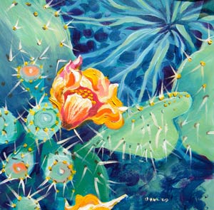 © Pam Van Londen 2009, Orange Cactus Blossom, acrylic on gessobord, 8x8x1 