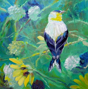 © Pam Van Londen 2009, Sunflower Bird, oil on gessobord, 8x8x1 