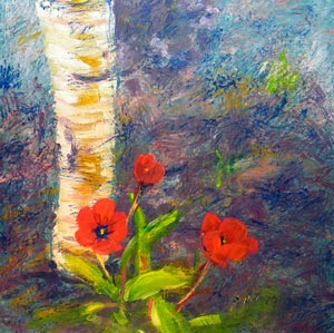 © Pam Van Londen 2009,  Aspen and Tulip, oil on clayboard,  8x8  