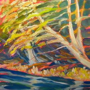 © Pam Van Londen 2010,  Molalla River Shore 8, oil on claybord,  8x8 