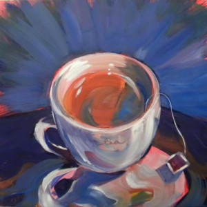 Hot Tea on Shiny Gift Bag. © Pam Van Londen 2013. Oil on 8x8-inch claybord.